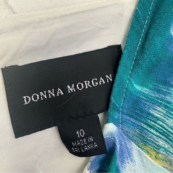 DONNA MORGAN Linen Floral Midi Dress 10 Puff Sleeve Square Neck Bohemian Prairie - Picture 7 of 11